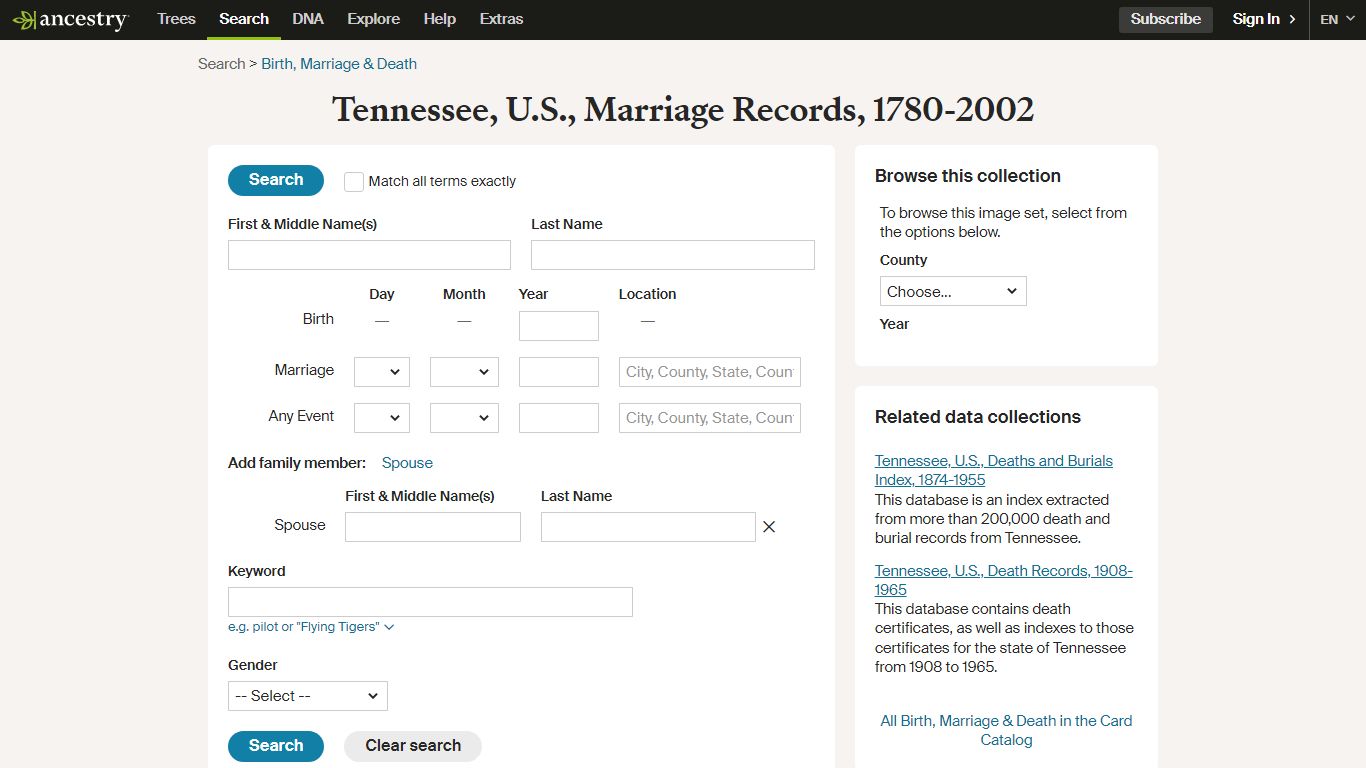 Tennessee, U.S., Marriage Records, 1780-2002 - Ancestry